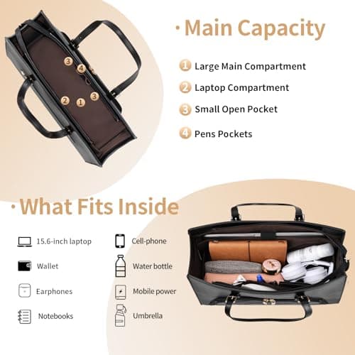Jetviivid Laptop Tote Bag with Insulated Lunch Compartment, PU Leather Briefcase for Women, Waterproof Laptop Handbag Computer Shoulder Bag for Business, Office, Work (Black, 15.6 inch) — view 4