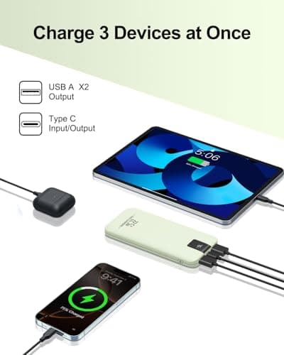Odetrik Portable Charger 10000mAh 22.5W Power Bank, Fast Charging External Battery Pack with 3 Outputs & 2 Input, Type-C In/Out, LCD Display Slim Portable Phone Charger for Smartphone, Tablets (Green) — view 3