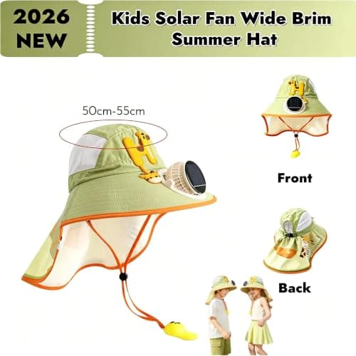 Solar Powered Fan Sun Hat for Kids,cap with neck protection kids,UPF 50+ sun protection,Solars & USB charging,unisex kids,adjustable chin strap cap 2-9 Years — view 2