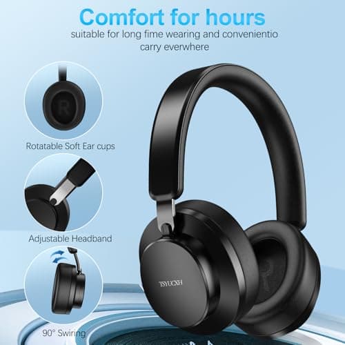 Noise Cancelling Headphones Wireless Bluetooth, Over Ear Headphones Bluetooth with Microphone, Cancelling Wireless Headphone Over Ear, 65h Playtime, Clear Calls, Comfort Fit For Travel (Black) — view 5
