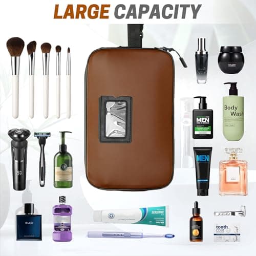 SWISSELITE Leather Toiletry Bag for Men, Water Resistant Dopp Kit for Toiletries Accessories with Wet/Dry Separation, Travel Essentials Shaving Bag Bathroom Organizer for Travel Gym Dorm(Dark Brown,M) — view 6
