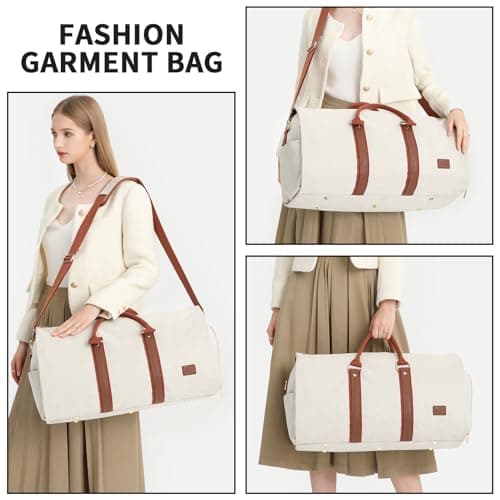 seyfocnia Convertible Carry on Garment Bag for Women,Leather Bags Travel with Shoe Pouch 2 in 1 Hanging Suitcase Suit Women Duffle Gifts, Beige, Classic — view 5