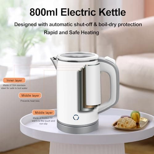 Zoravson 0.8L Travel Kettle Small, Low Wattage Kettle, Compact Electric Kettles Dual Voltage 110-240V, Auto Shut-Off and Dry-Boil Protection Stainless Steel Kettles for Office,Bedroom,Caravan-White — view 2