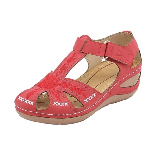 Generisch Women's Summer Sandals Casual Hollow Embroidery Wedge Heel Slip-On Shoes for Beach Holiday Hiking Comfortable Travel Shoes, red, 8 UK