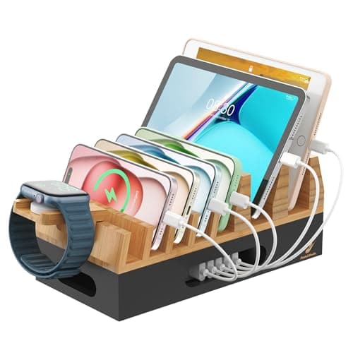 All In One Family Dock Station, Wooden Bamboo Charge Stand-Natural+Black