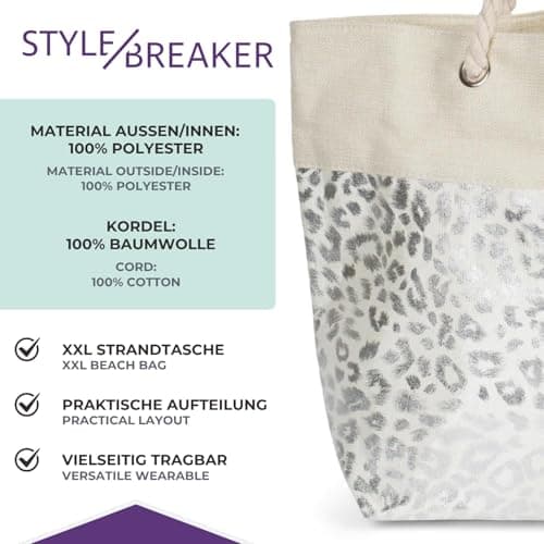 styleBREAKER Womens XXL Metallic Leopard Print Beach Bag,Beige-Silver — view 4