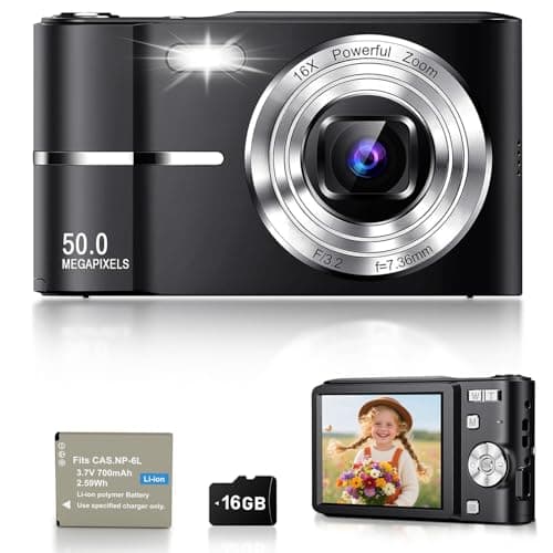 EJXHKNF Digital Camera, 1080P FHD Vlogging Camera 50MP Compact Portable Photo Camera with 2.4" Screen, 16X Digital Zoom Mini Small Pocket Camera for Kids Students with 1 Battery, 16GB Card (Black)