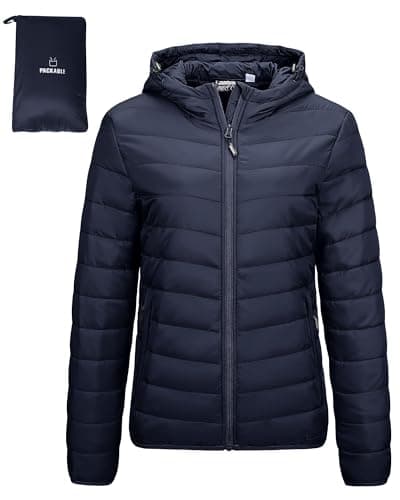 Outdoor Ventures Women's Winter Lightweight Puffer Jacket with Hood, Warm, Short, Packable, Quilted, Transitional, Padded Jacket for Ladies, Lined for Hiking, Travel Deep Blue M
