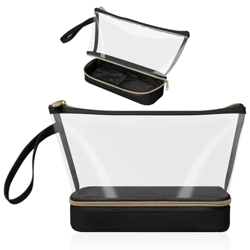 Clear Makeup Bag, Small Makeup Bag with Compartments for Brushes, TSA Approved Waterproof Travel Toiletry Bag, Make Up Bags for Women, Travel Essentials, Black