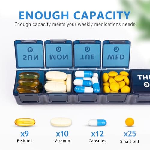 Large Pill Box Organiser, 2pack Weekly Travel Pill Organiser, Pill Boxes 7 Day 2 Times a Day Big Compartments Pill Case 14day XL Medication Tablet Dispenser for Fish Oil Vitamin Holder (Blue-Purple) — view 2