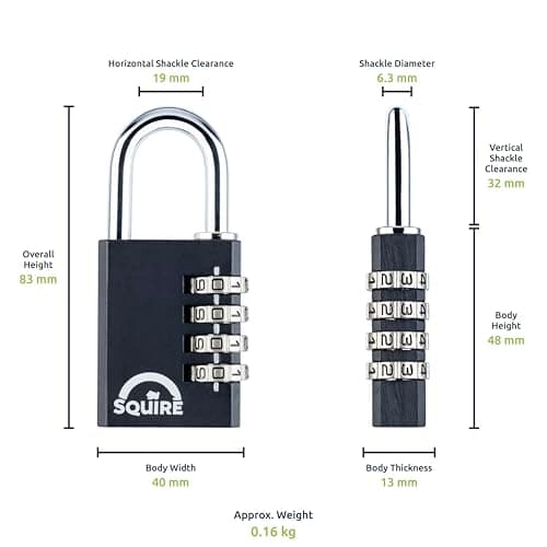 Squire Combination Small Padlock (Locker Lock Combi 40) - Tough Steel Shackle - 4 Wheel Combination Padlock – for Travel or for Home, Shed, Garage, Gym Locker & Luggage (Black, 40 mm) — view 4