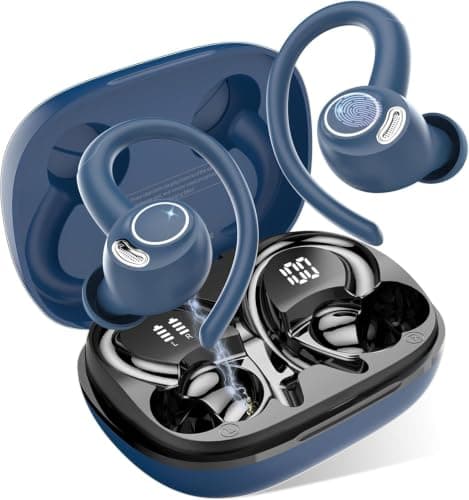 Sports Wireless Earbuds with EarHooks HiFi Stereo Sound with ENC Mic, Blue
