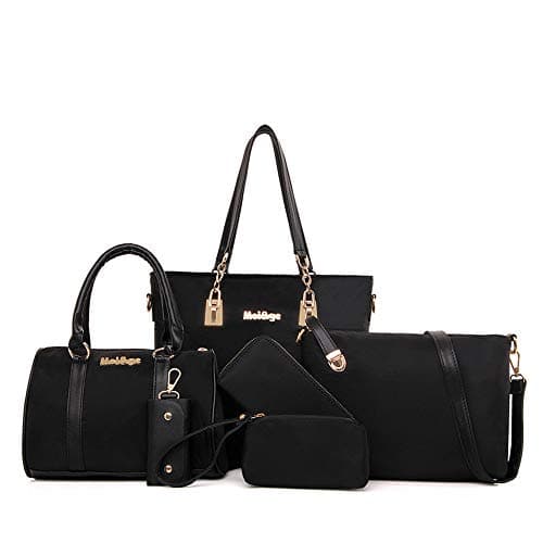 AlwaySky Nylon Women's Shoulder Bag 6 PCS Top-Handle Handbag Tote Purse Wallet Key Case Set (Black)