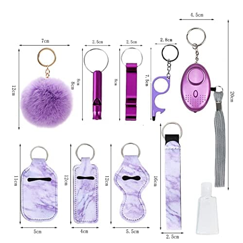 Flymind Safe Keychain Set for Girls with Personal Safety Alarm, Hand Sanitizer Holder, Whistle and Pom — view 2