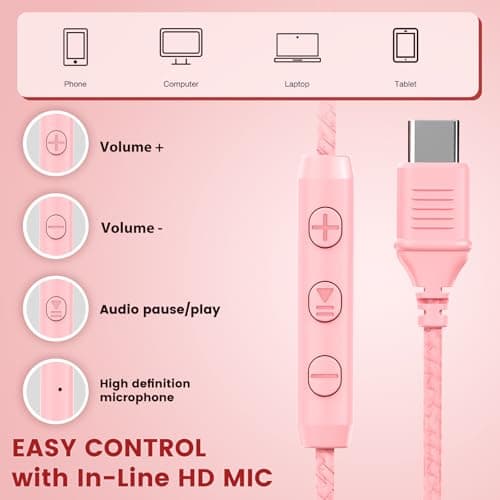 Cowyawn USB C Headphones Wired, Over Ear Headphones with Microphone, Volume Control, HD Stereo Sound, Foldable Lightweight Headphones for Adult/Teens/Chromebooks/Laptop/Computer/Tablets/Travel (Pink) — view 5