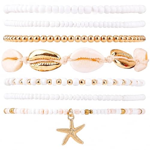 Xqzbmt 7Pcs Summer Beach Bracelets, Beaded Boho Bracelets for Women Shell Starfish Stackable Bracelets Set, Elastic Layered Bracelet Stack, Aesthetic Mermaid Beach Accessories Gift for Summer Holiday