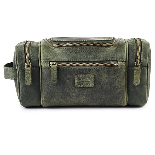 LEATHER VILLAGE Large Leather Toiletry Bag for Men, Hanging Dopp Kit, Olive, 12''x5.5''x5.5'', Vintage Leather Toiletry Bag — view 2