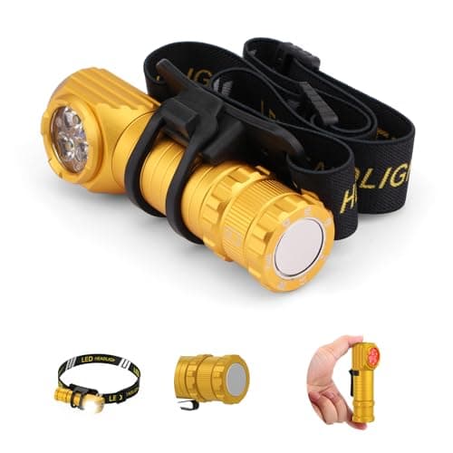 Spriak High Lumens LED Rechargeable Headlamp for Adults - Hard Hat Light Running Head Lamp with Red Light, Magnet, 180° Tilt, 7 Modes, Detachable Flashlight & Headband, Outdoor, Emergency 1PC,Gold