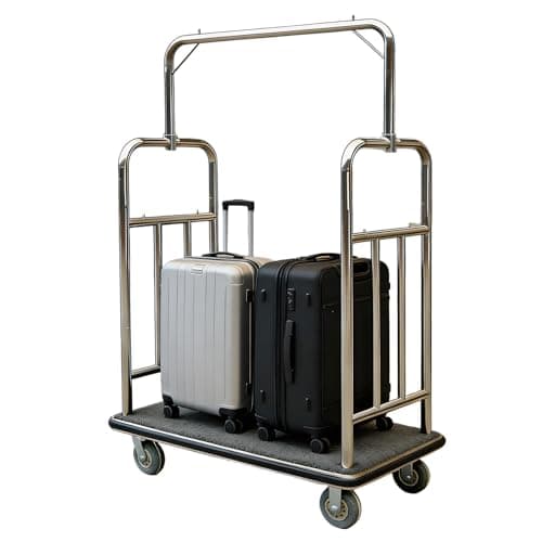 BANGBANGJI 880LBS Hotel Luggage Cart, Brushed Stainless Steel Bellman Trolley, Commercial Grade Hotel Luggage Trolley, with Grey Carpeted Deck and 6-inch Rubber Wheels, for Hotels, Condos, Resorts