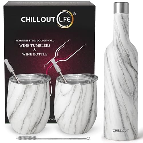 CHILLOUT LIFE Stainless Steel Wine Tumblers 2 Pack 12 oz & 1 Insulated Wine Bottle - Double Wall Vacuum Insulated Wine Cups with Lids and Straws Set - Carrara Marble
