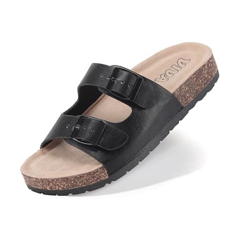VIVASHOES Women’s Double Buckle Cork Footbed Sandals - Adjustable Flat Slide Sandals for Ladies - Comfortable Open Toe Summer Slippers - Black UK 4 — view 2