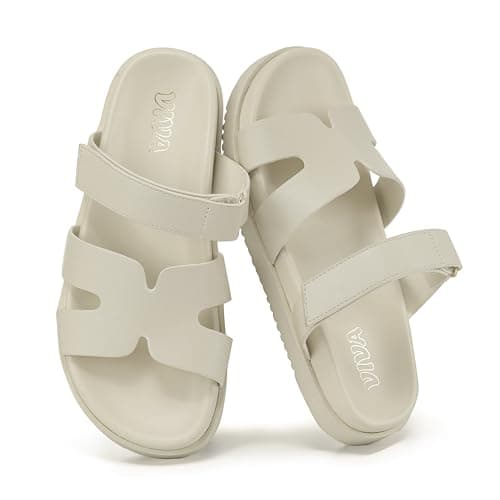 VIVASHOES Women’s Chunky Flat Sandals with Adjustable Strap - Lightweight Slide Sandals for Ladies - Minimalist Summer Sandals for Casual Holiday Beach Walking Wear - Cream UK 5