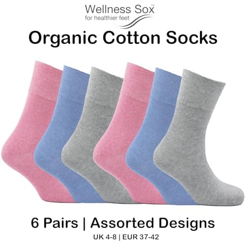 Wellness Women’s Socks – Organic Cotton Circulation Friendly Soft Top Socks – Swelling Comfort & Travel – 6 Pairs Assorted Designs – UK 4-8 | EU 37-42 (UK, Alpha, One Size, Regular, Regular, Genoa) — view 4
