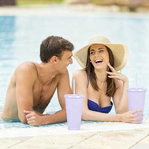 Yisituo 710ml Reusable Plastic Cups, 10 Pack Cold Cups with Lid and Straw, Tumblers Travel Mugs for Adults and Madam Party and Beach, Pool Gatherings (10, Light Purple) — view 4