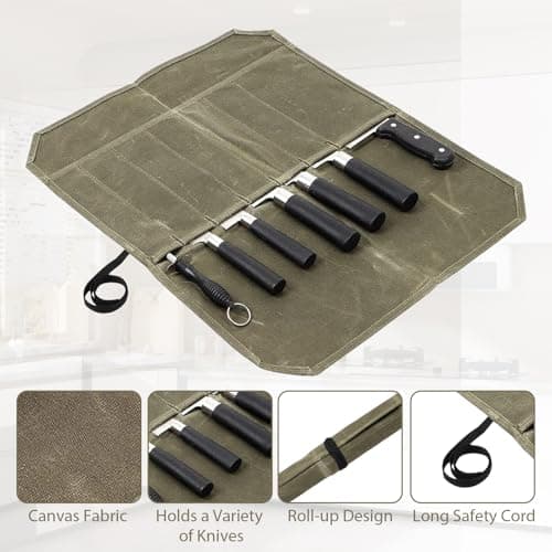 GYMMFK Knife Roll for Chefs, 7 Slots Waxed Canvas Knife Bag Case for Pro Chefs or Culinary Enthusiasts, Large Capacity Easy Carry (Army Green) — view 3