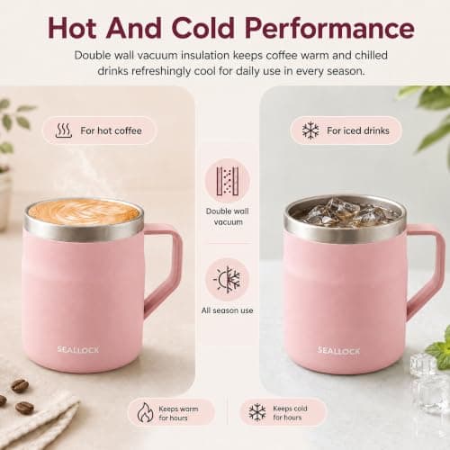 SiHuiTu 450ml Insulated Stainless Steel Coffee Mug with Lid & Handle(Pink) — view 4