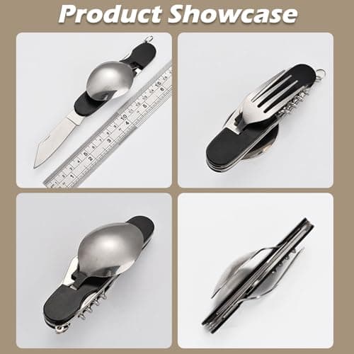 FUZVOL Folding Camping Cutlery Set Stainless Steel Portable Utensil 6 in 1 Multitool Outdoor Tableware for Travel, Hiking, Picnic (2 Pack), Black+Red — view 4