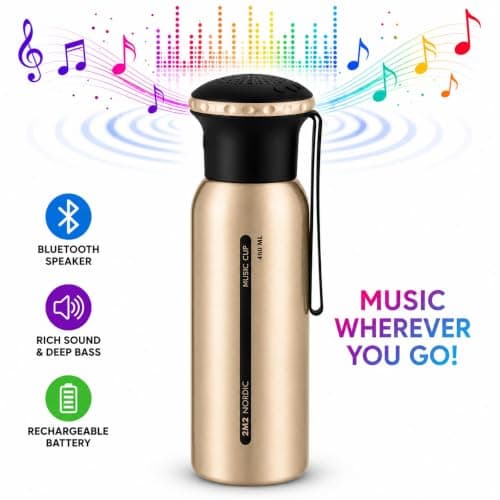 On the Go Hydration & Entertainment Gold 460ml Stainless Steel Water Bottle with Bluetooth Speaker. — view 3