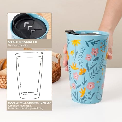 ANTIS'S HOME Ceramic Travel Mug with Lid, Double Wall Coffee Cup with Flower Pattern, Reusable Tumbler for Hot Drinks, Microwave & Dishwasher Safe, Gift for Office, Home & Christmas, Blue — view 3