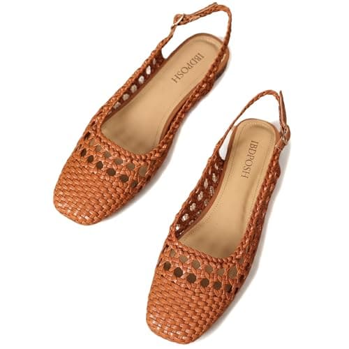 IBDPOSH Woven Slingback Flats for Women Square Toe Braided Sandals Comfortable Dressy Summer Shoes for Office and Travel, Brown, 3 UK