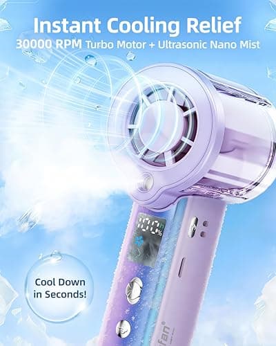 4-in-1 portable spray handheld fan,Extra-large battery USB rechargeable spray fan,Adjustable 1-100 Speed,mini fan,foldable personal fan,LED display,for Travel/makeup/Outdoor/Camping/concert(Purple) — view 2