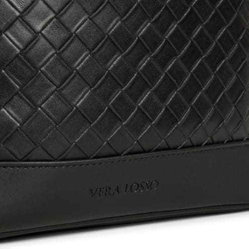 Vera Losso Laptop Backpack Premium Luxury Vegan Leather Half Woven Business Backpack, Travel & Work Rucksack with Silver Hardware, Black, 30 x 46 x 14 cm — view 6