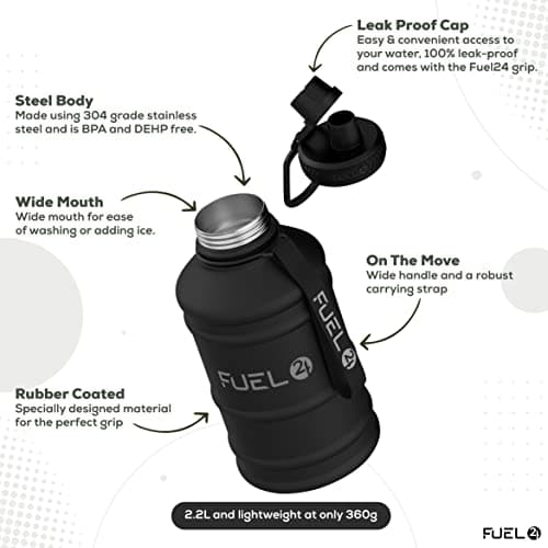 Fuel24 Stainless Steel Jug - 1.3 or 2.2 Litre Water Bottle - Extra Strong, BPA Free, Leak Proof - Large Gym Sports Bottle, 1.3L, 2.2L, Metal Bottle - Colour Options — view 2