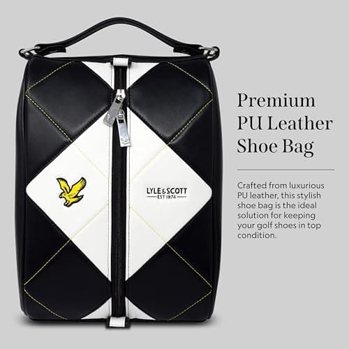 Lyle & Scott Argyle Premium Leather Shoe Bag for Golf Shoes - Stylish Golf Accessories with Side Breather Vents, Embroidered Branding, Durable Zip, Embossed Eagle Zippers, Carty Handle, 35x23x16cm — view 2