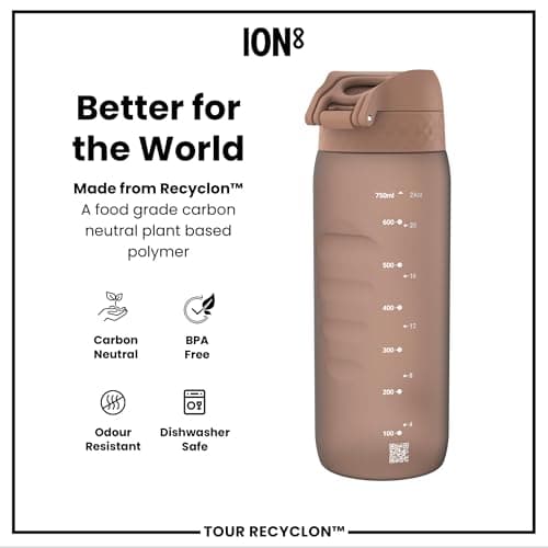 Ion8 Sports Water Bottle, 750 ml/24 oz, Leak Proof, Easy to Open, Secure Lock, Dishwasher Safe, BPA Free, Flip Cover, Carry Handle, Soft Touch Contoured Grip, Easy Clean, Odour Free, Mocha Mousse — view 5