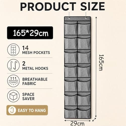 EXQUIMA Over Door Shoe Storage, Hanging Organizer with 14 Large Mesh Pockets and 2 Metal Hooks, 29x165cm, Breathable Non-Woven Fabric, Space Saving, Durable and Foldable, Ideal for Shoes, Toys,Closet — view 2