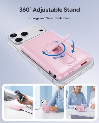 For MagSafe Power Bank, 12000mAh Portable Charger 22.5W with Stand, Pink — view 6