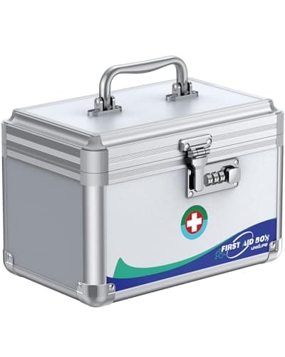 Uniclife Medicine Lock Box First Aid Box with Combination Lock & Handle Portable Medication Boxes Metal Lockable Medicine Storage Boxes, 25.4 x 15.2 x 16.5 cm