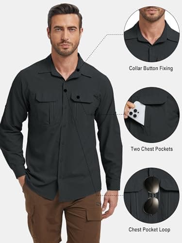 Peysuck Men's Safari Shirts, UPF 50 Sun UV Protection Shirt Black Gray — view 4
