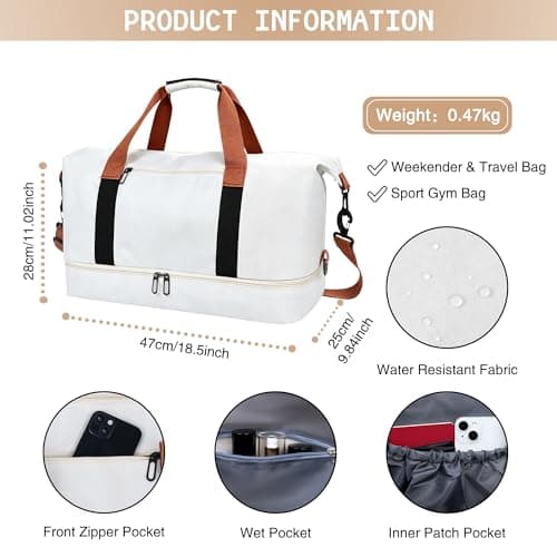 Travel Duffel Bag, Foldable Waterproof Overnight Holdall Bag, Carry On Luggage Weekend Bag with Wet and Dry Separation, Hospital Sports Gym Tote for Women and Men (White) — view 2