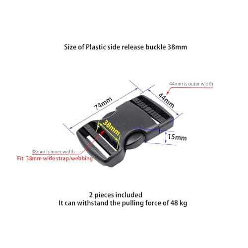 Baikeen Plastic Side Release Buckles,15mm/20mm/25mm/32mm/38mm/50mm Heavy Duty Plastic Buckle Clips Belt Snap Backpack Buckle Replacement Dual Adjustable No Sewing(38mm,2sets) — view 2