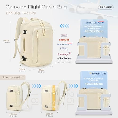 SPAHER Extendable Cabin Bag 40x30x15 British Airways to 40x30x20 Ryanair Underseat Travel Cabin Laptop Backpack with USB Charging Port Sport Backpack Men Women with Shoe Compartment and Wet Pockets — view 3