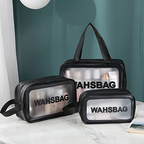 Aucuu 3PCS Clear Toiletry Bag, Wash Bag, Clear PU Makeup Bags, Waterproof Toiletry Travel Bags with Zipper Handle, Portable Airport Cosmetic B-ag for Travel Bathroom Men Women (Black) — view 2