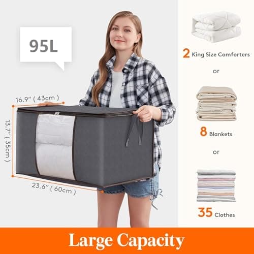 Lifewit 95L Clothes Storage Bags, Foldable Storage Box Moving Bags Wardrobe Storage Organiser Packing Boxes for Moving House with Clear Window for Clothing Bedding Blankets, Grey, 4 Pack — view 3
