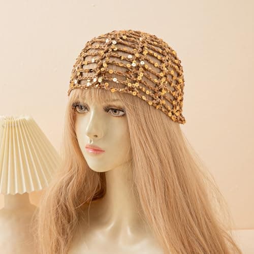 Julpsk Women's Summer Glitter Sequin Beanie Boho Hollow Out Crochet Hat for Beach Travel Party, Coffee, One Size — view 2