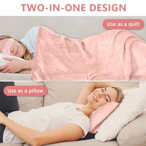 flintronic Travel Blanket and Pillow, 2 in 1 Airplane Blanket with Eye Mask and Ear Plugs, Compact Office Blankets, Lightweight & Portable Pillow for Adults, Kids,Long Flights and Trains (Pink) — view 5